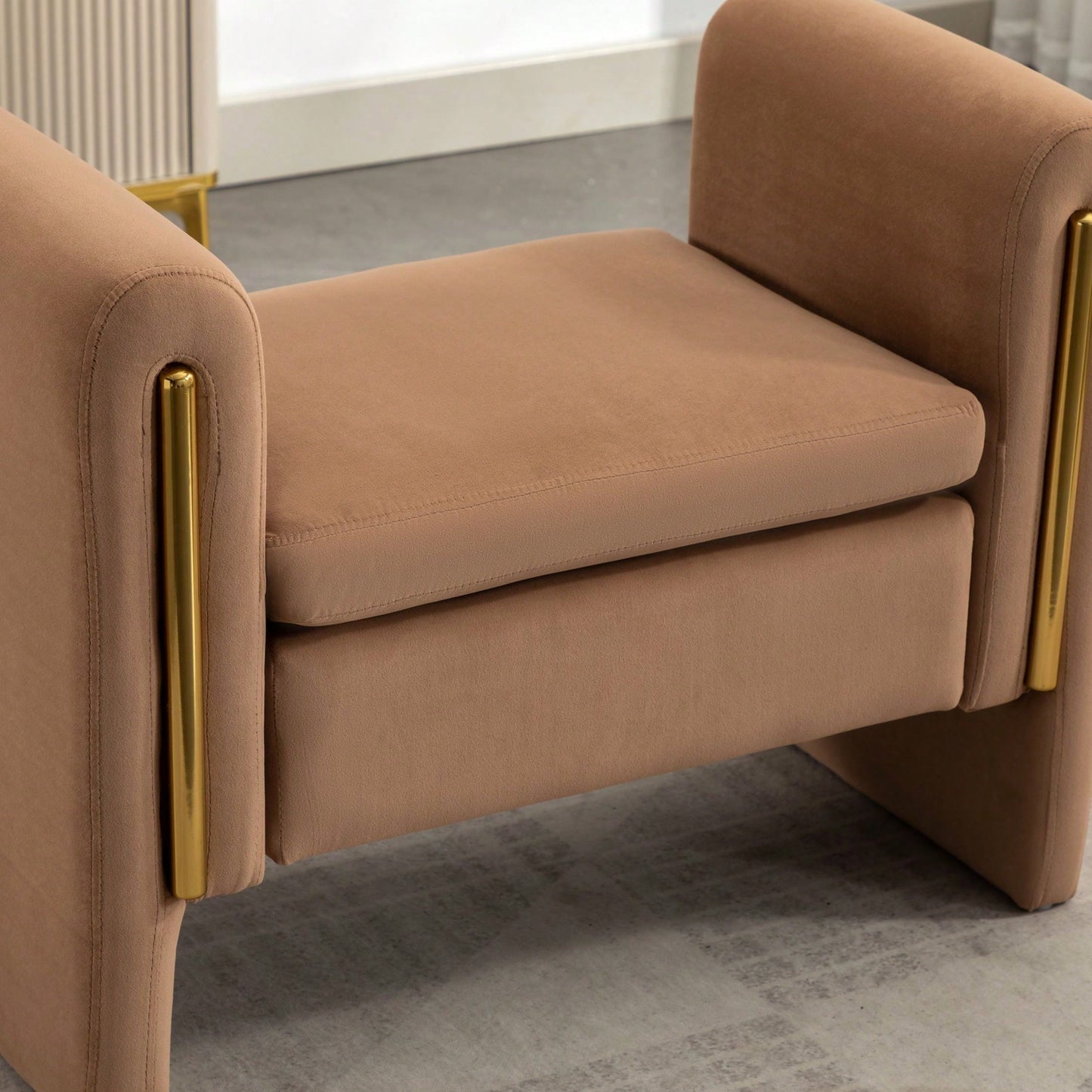 Velvet Upholstered Bench With Gold Metal Trim And Solid Wood Frame