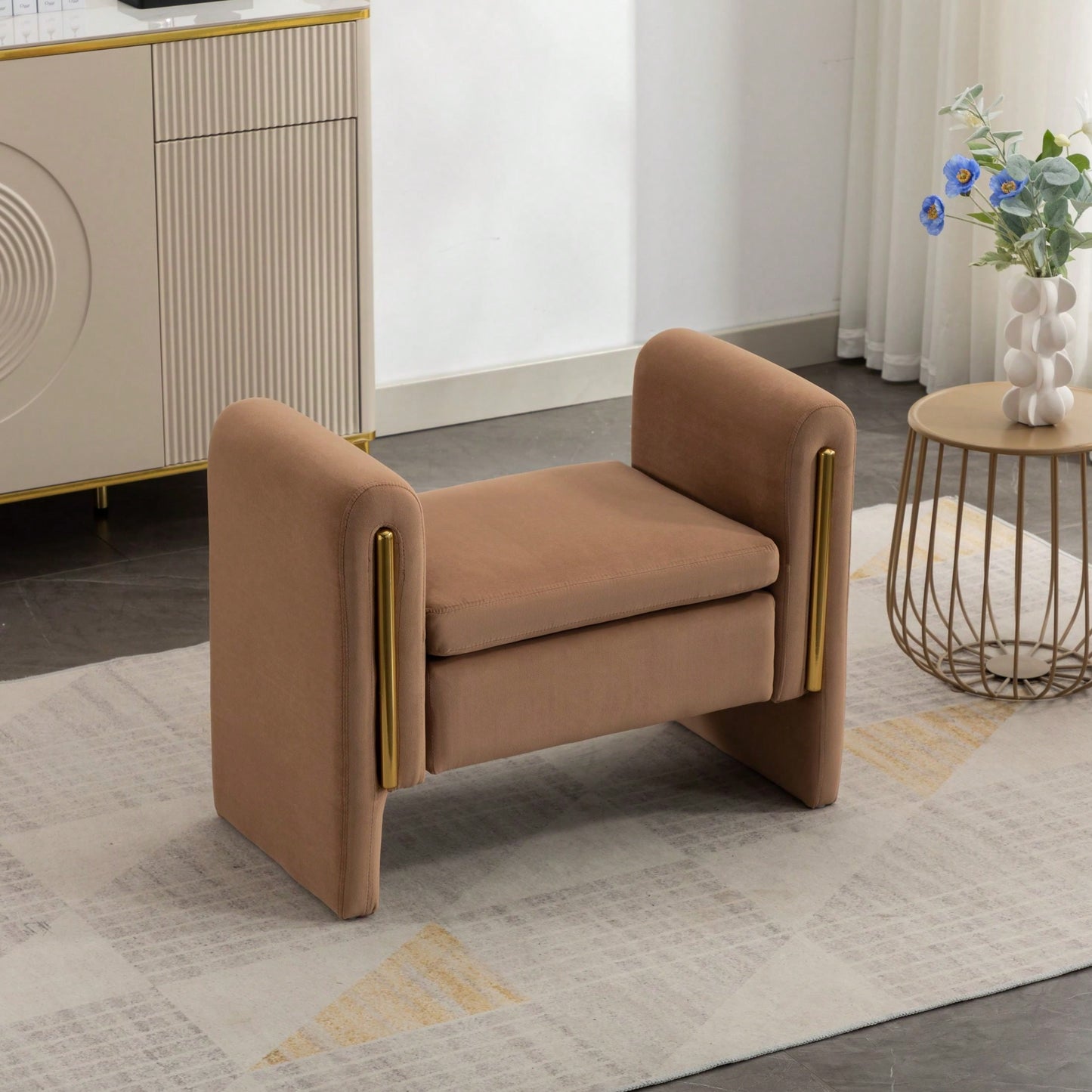 Velvet Upholstered Bench With Gold Metal Trim And Solid Wood Frame