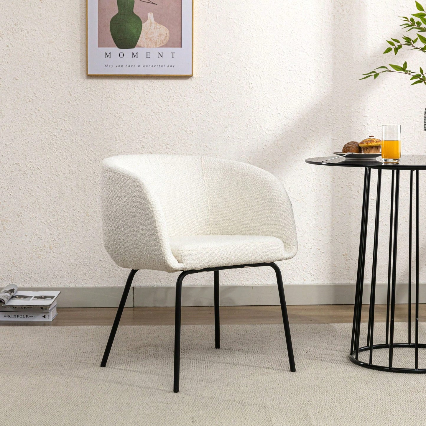 Set Of 1 Boucle Fabric Dining Chair With Black Metal Legs