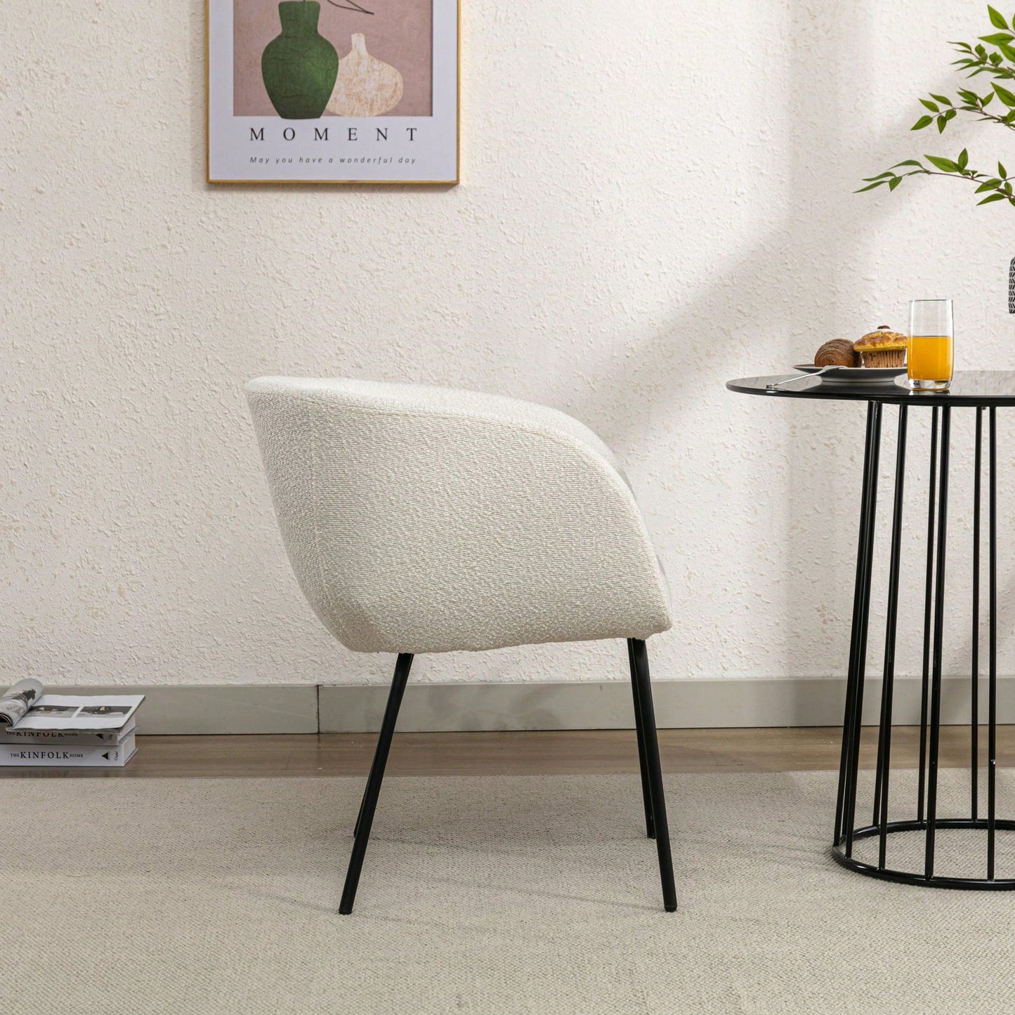 Set Of 1 Boucle Fabric Dining Chair With Black Metal Legs