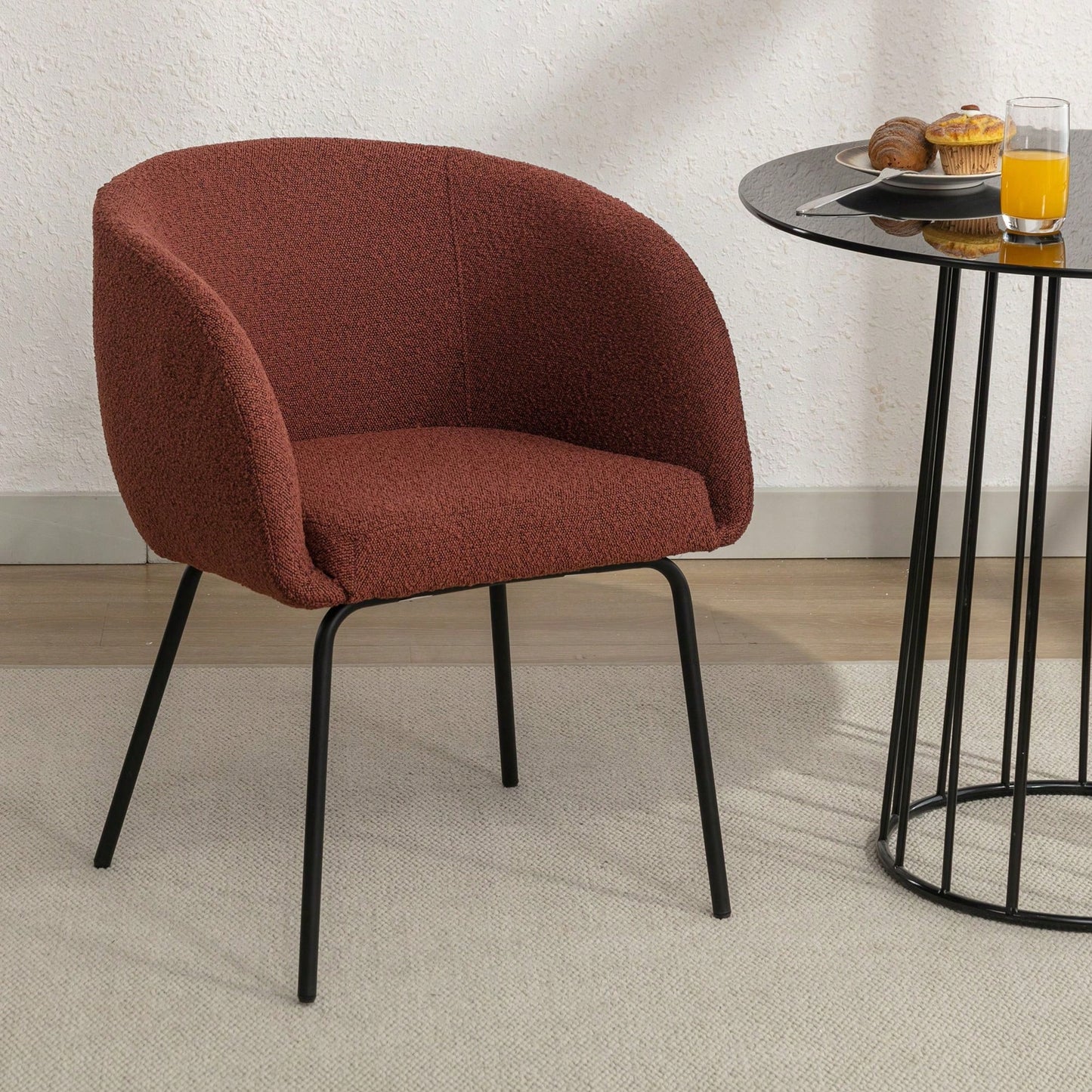 Set Of 1 Boucle Fabric Dining Chair With Black Metal Legs