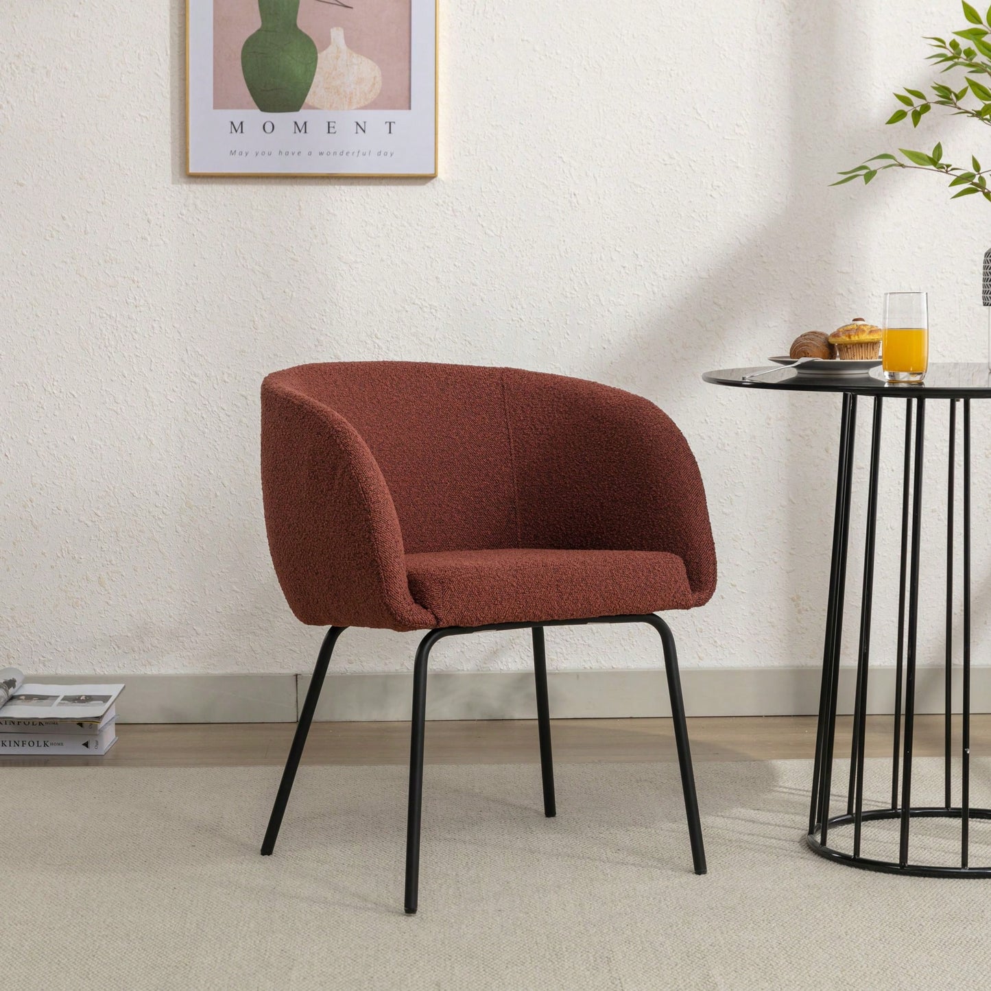 Set Of 1 Boucle Fabric Dining Chair With Black Metal Legs