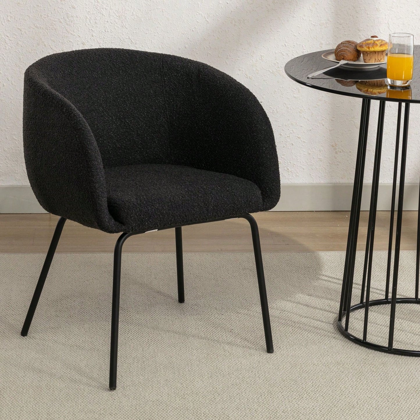 Set Of 1 Boucle Fabric Dining Chair With Black Metal Legs