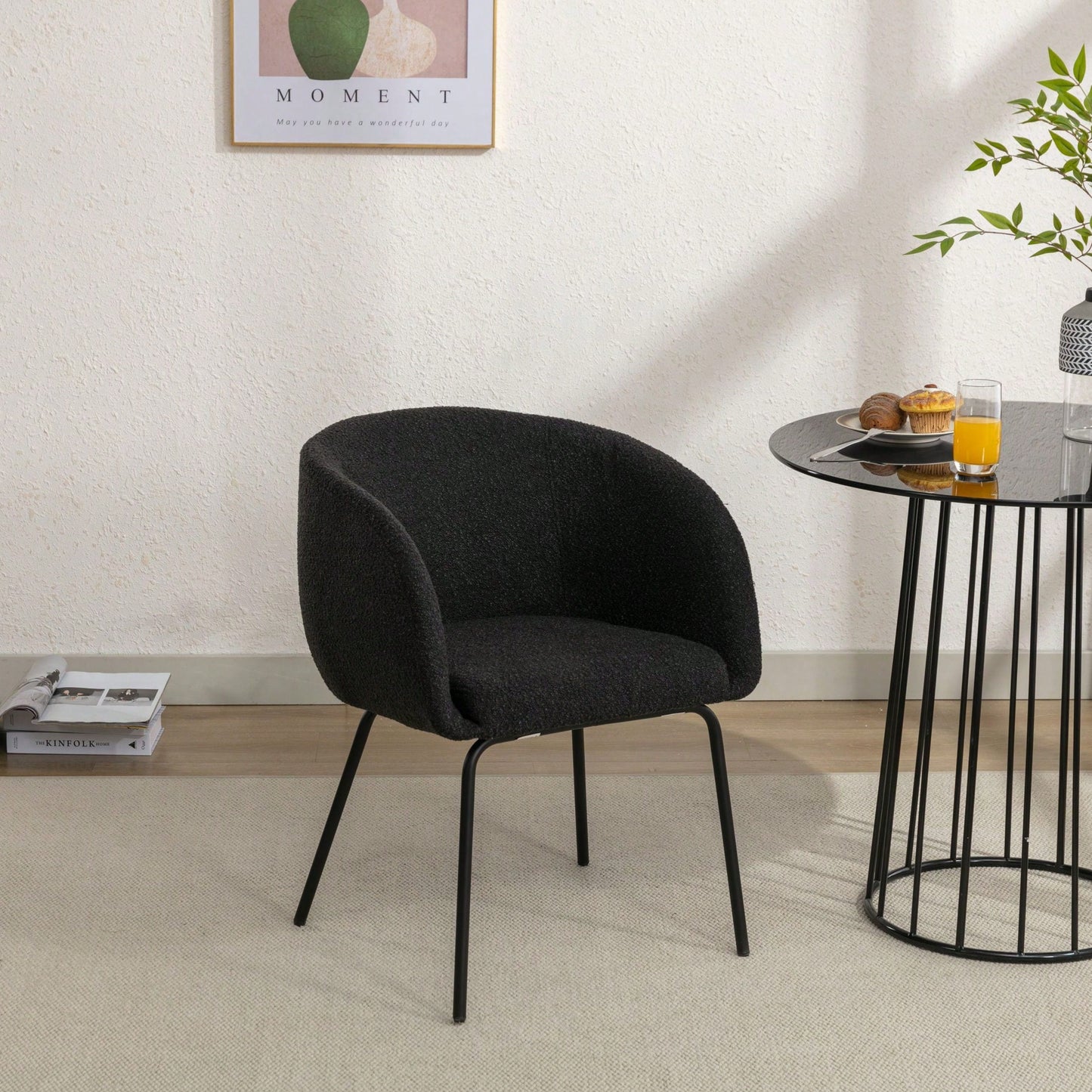 Set Of 1 Boucle Fabric Dining Chair With Black Metal Legs