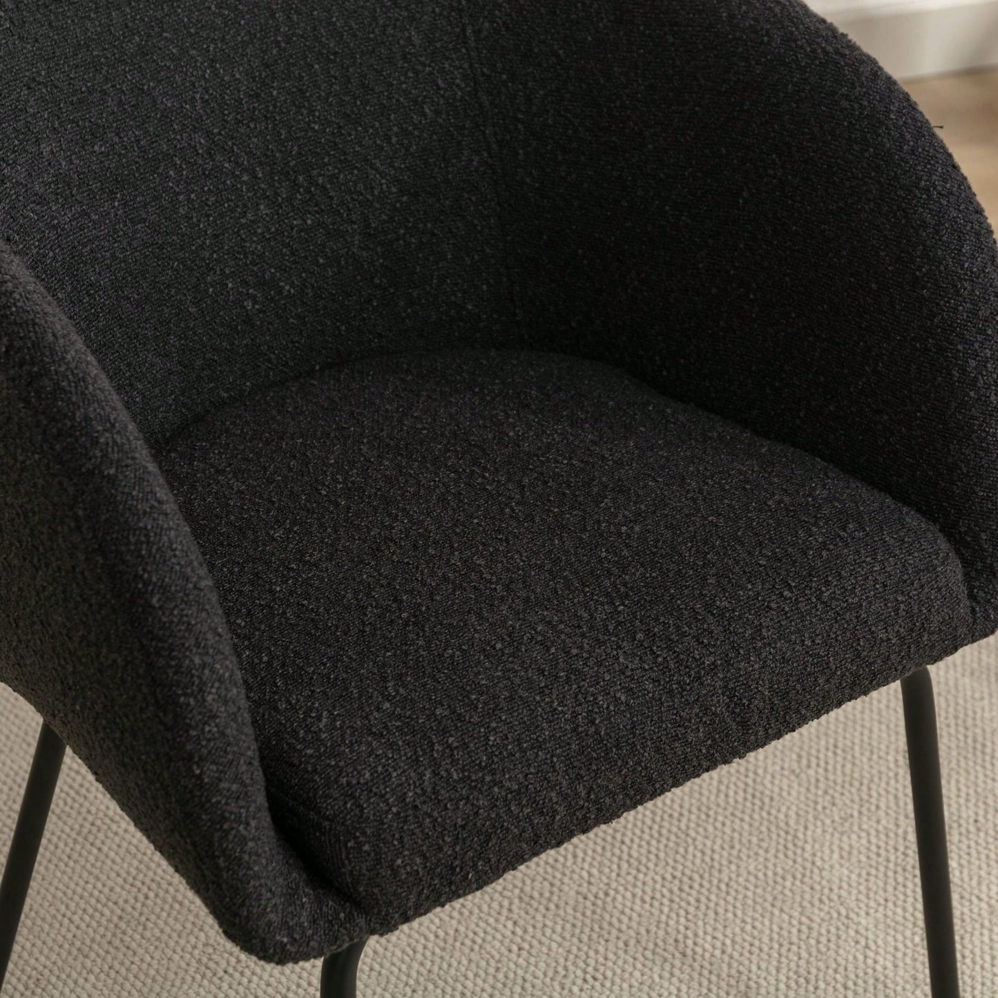 Set Of 1 Boucle Fabric Dining Chair With Black Metal Legs