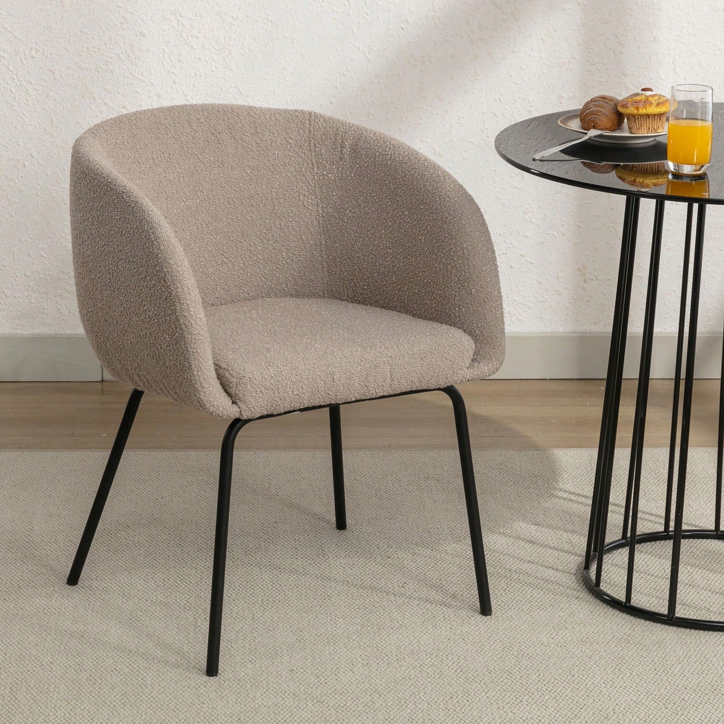 Set Of 1 Boucle Fabric Dining Chair With Black Metal Legs