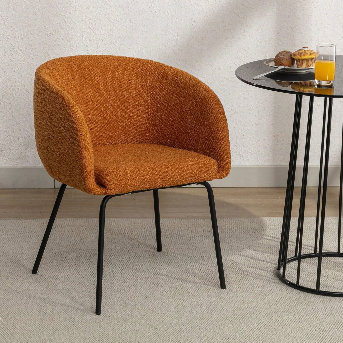 Set Of 1 Boucle Fabric Dining Chair With Black Metal Legs