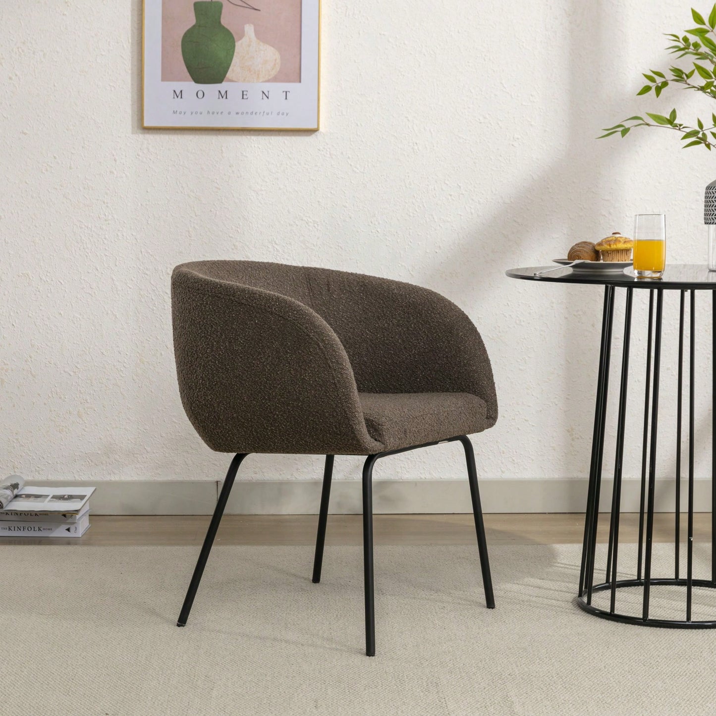 Set Of 1 Boucle Fabric Dining Chair With Black Metal Legs