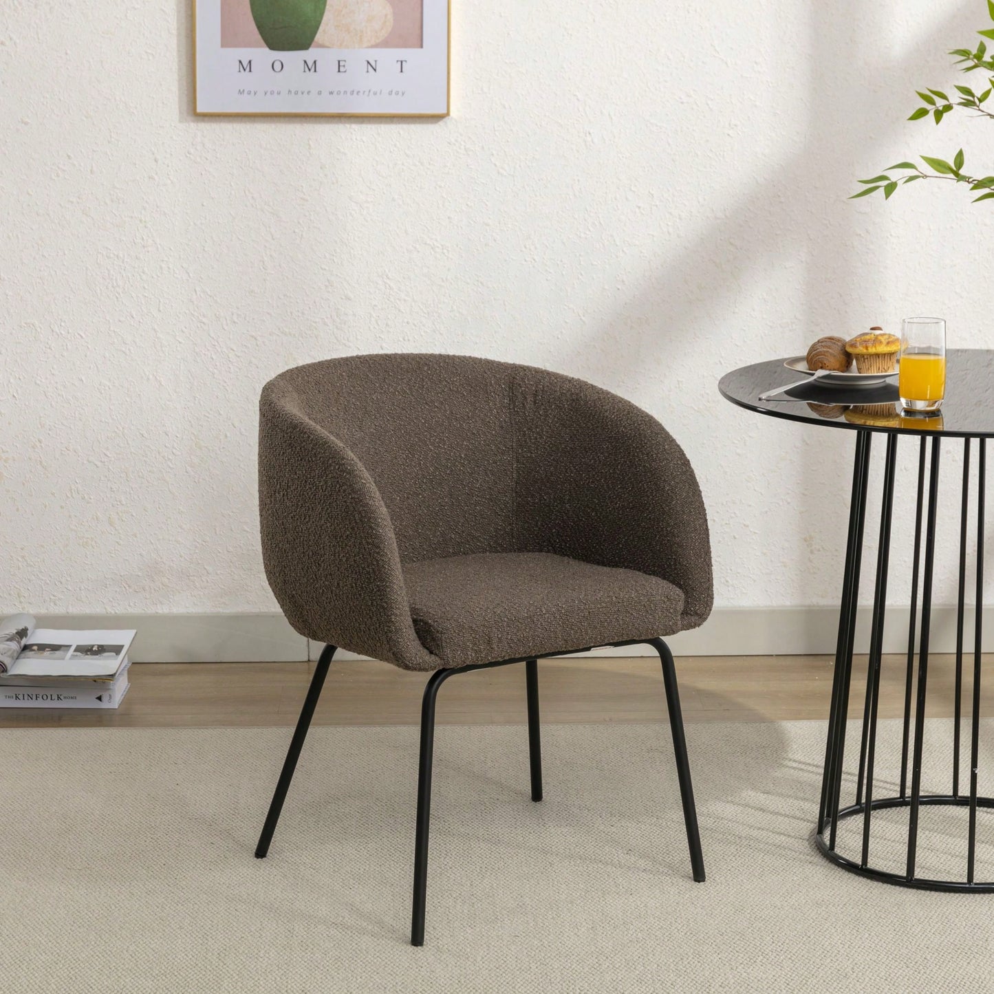 Set Of 1 Boucle Fabric Dining Chair With Black Metal Legs