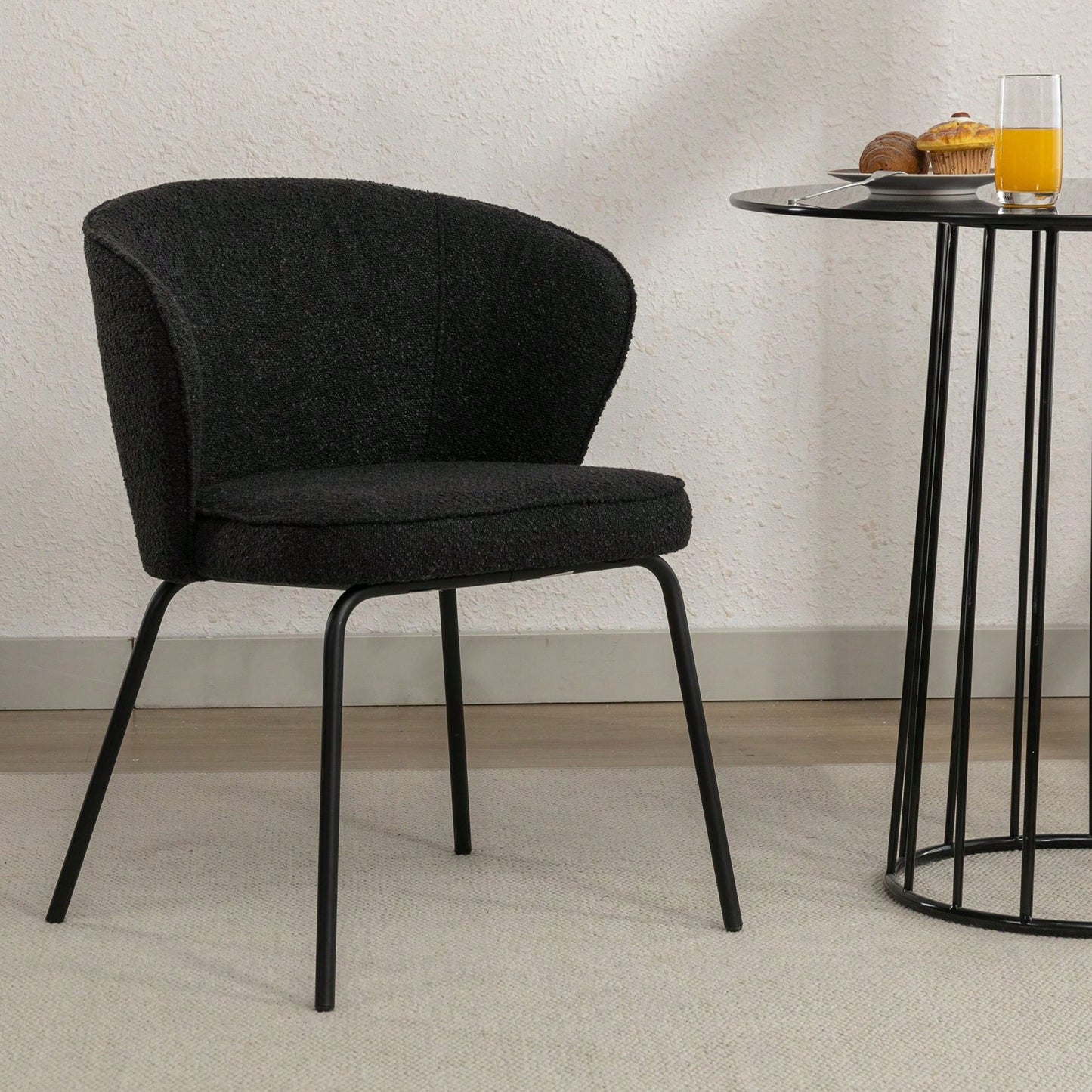 Set Of 1 Boucle Fabric Dining Chair With Black Metal Legs