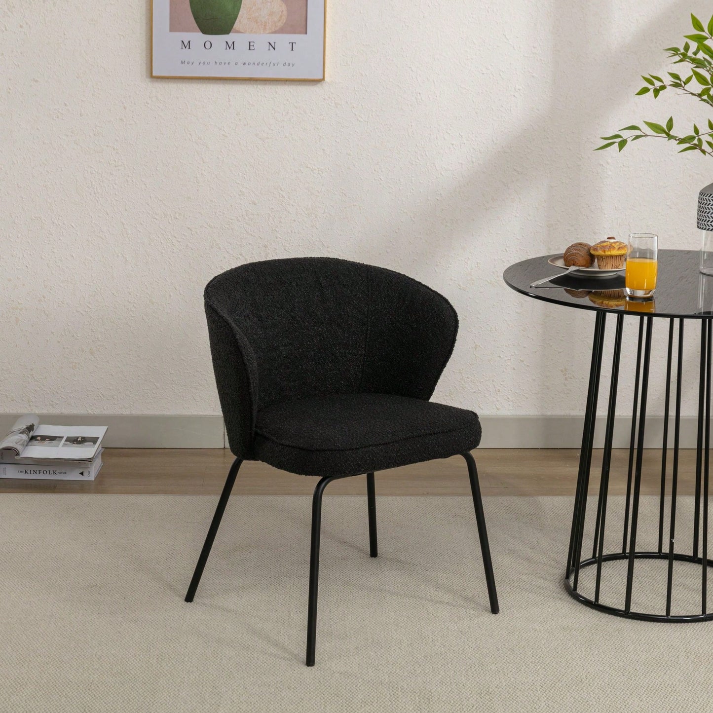 Set Of 1 Boucle Fabric Dining Chair With Black Metal Legs