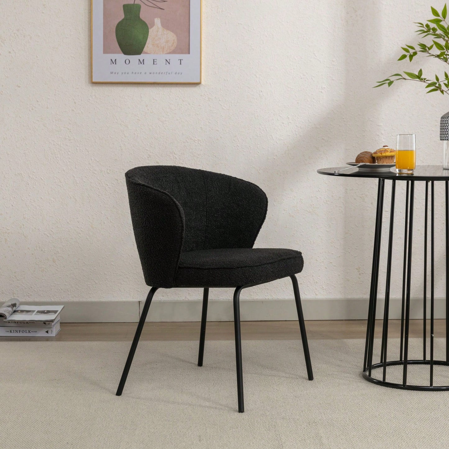 Set Of 1 Boucle Fabric Dining Chair With Black Metal Legs