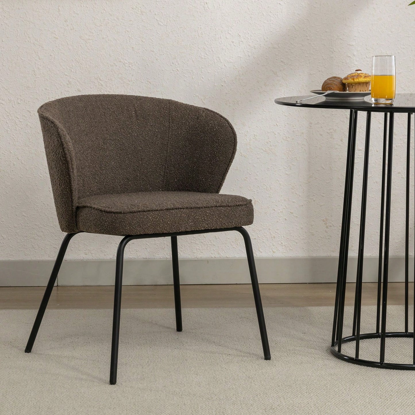 Set Of 1 Boucle Fabric Dining Chair With Black Metal Legs