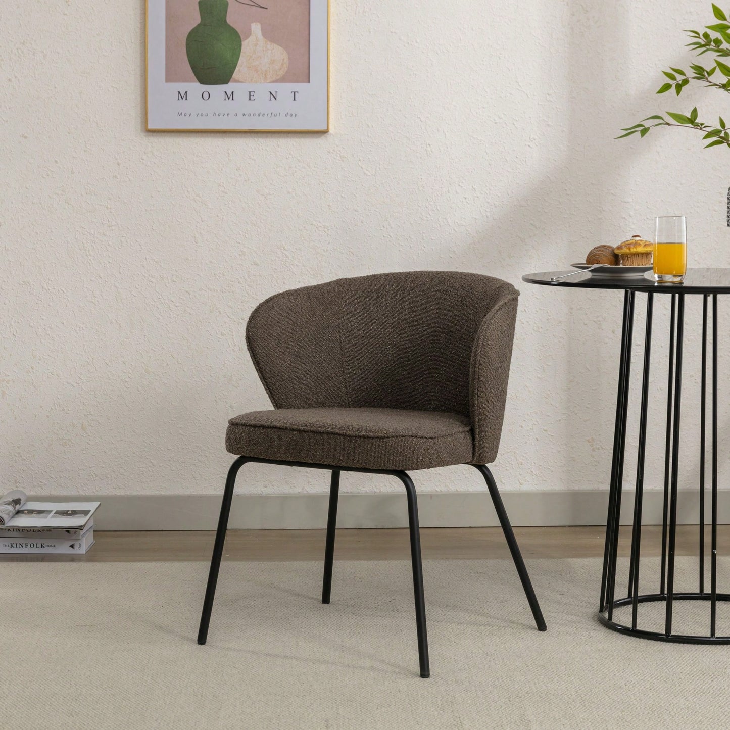 Set Of 1 Boucle Fabric Dining Chair With Black Metal Legs