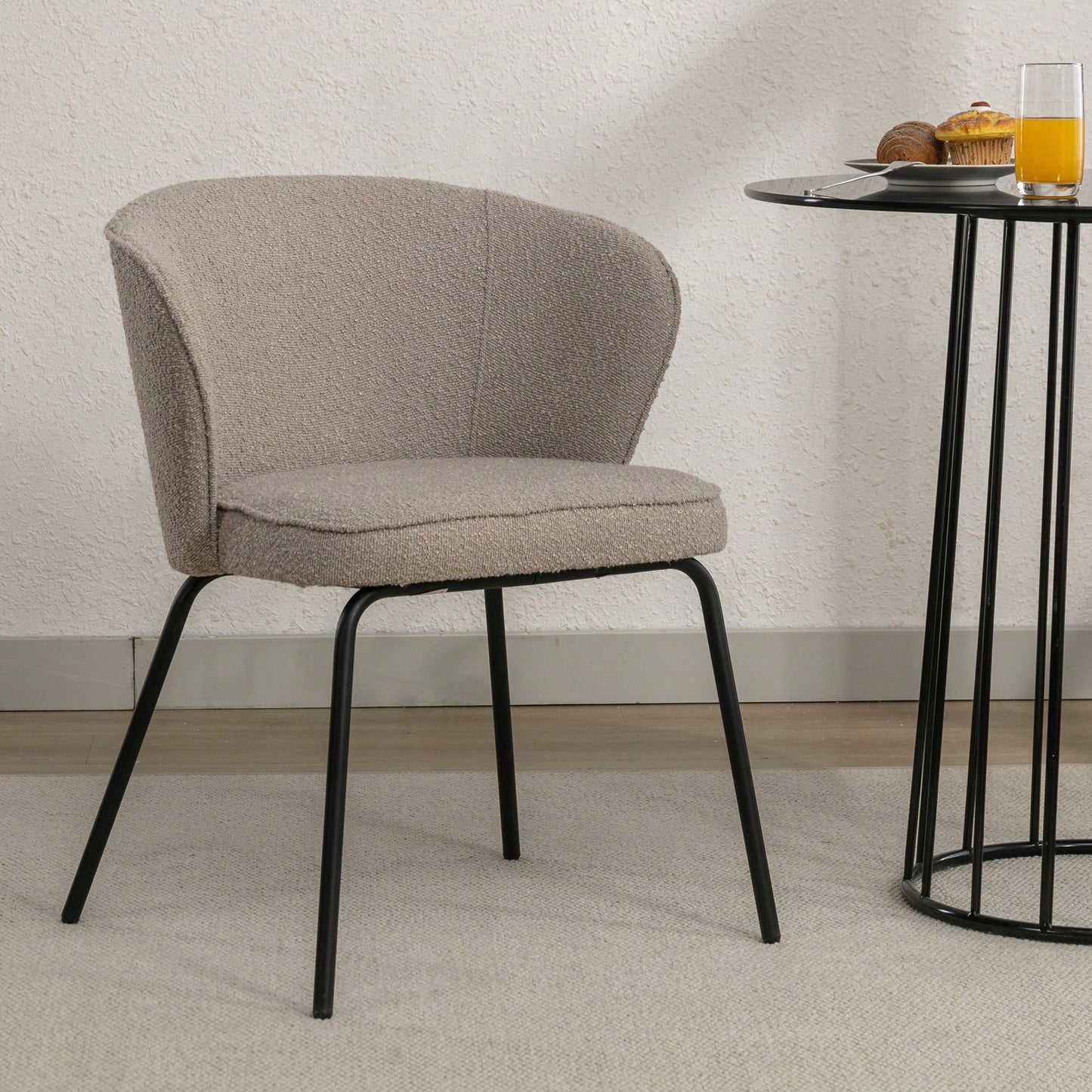 Set Of 1 Boucle Fabric Dining Chair With Black Metal Legs