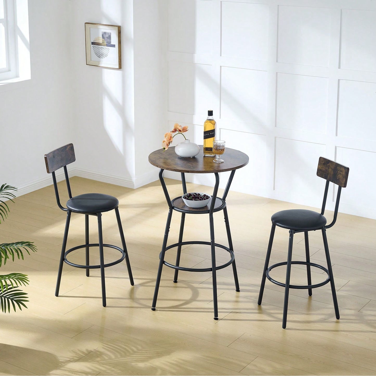 Round Bar Table And Stool Set With Shelf, Upholstered Stool With Backrest