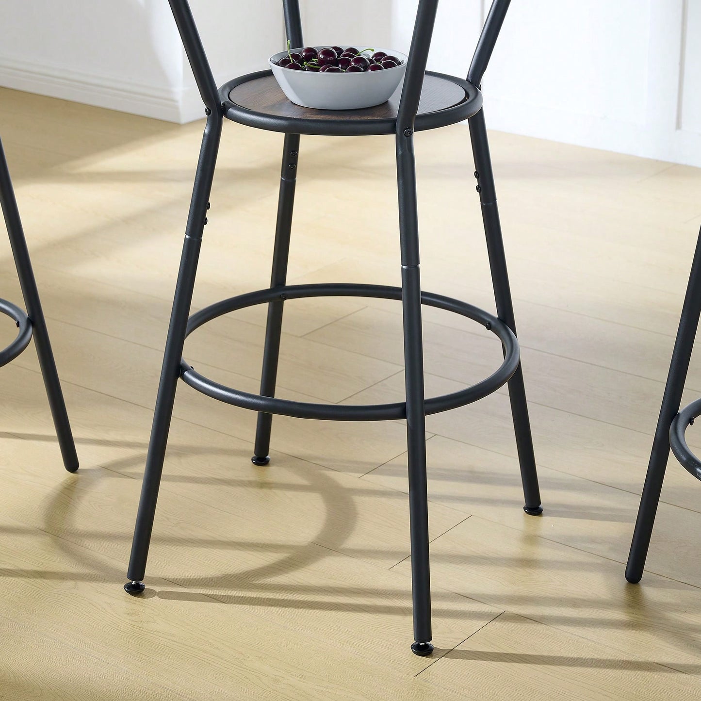 Round Bar Table And Stool Set With Shelf, Upholstered Stool With Backrest