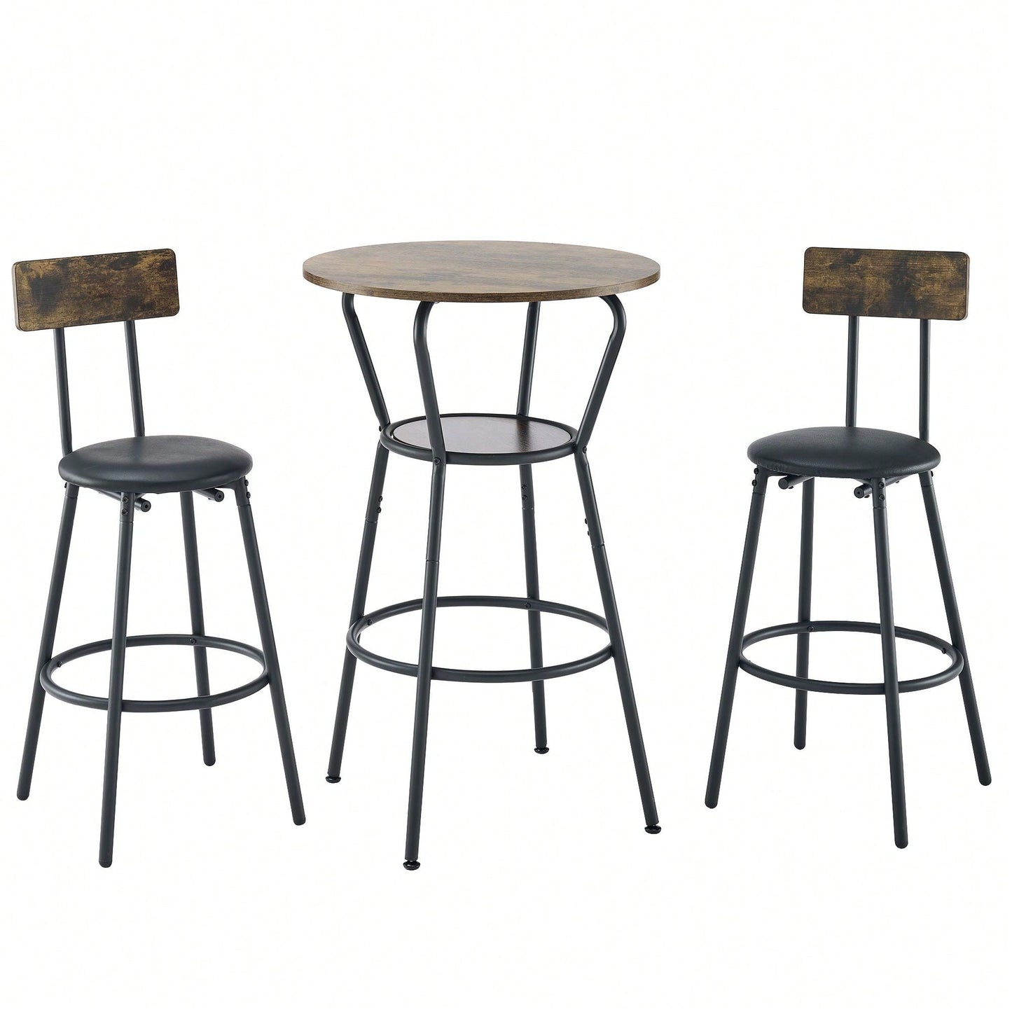 Round Bar Table And Stool Set With Shelf, Upholstered Stool With Backrest