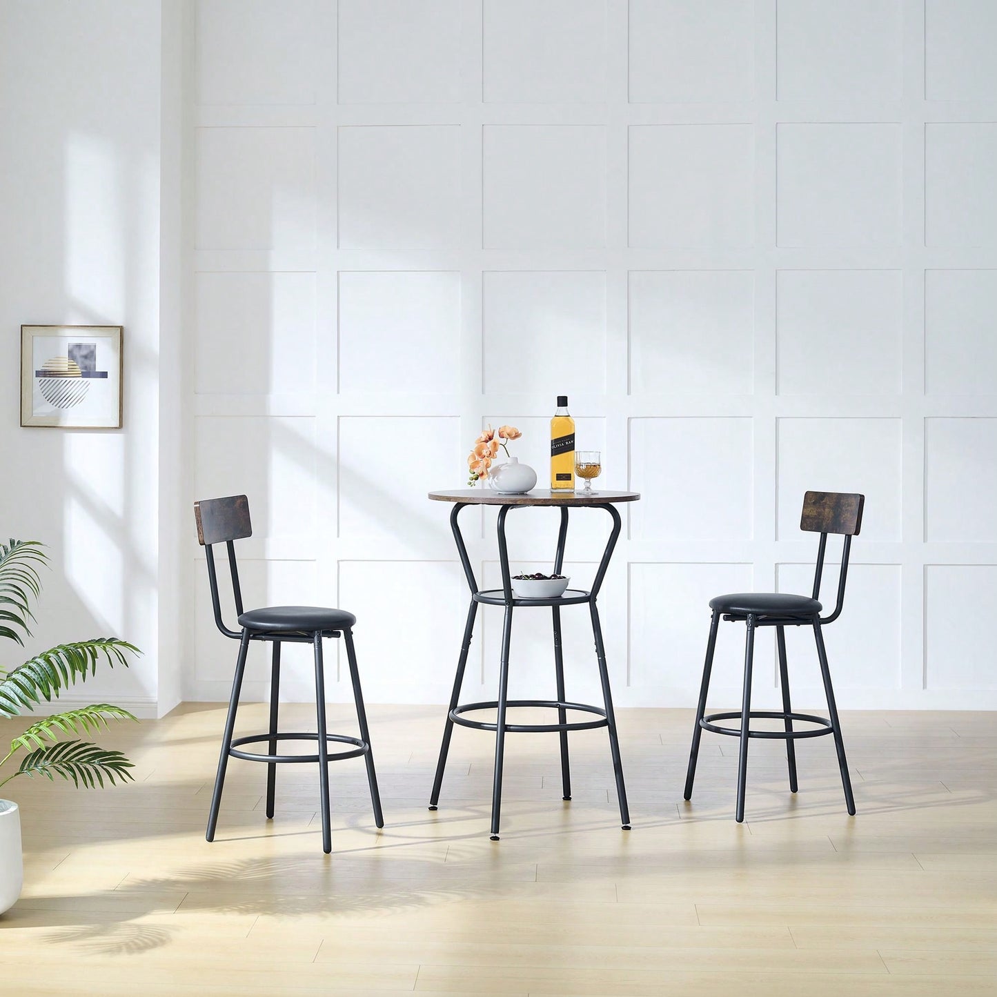 Round Bar Table And Stool Set With Shelf, Upholstered Stool With Backrest