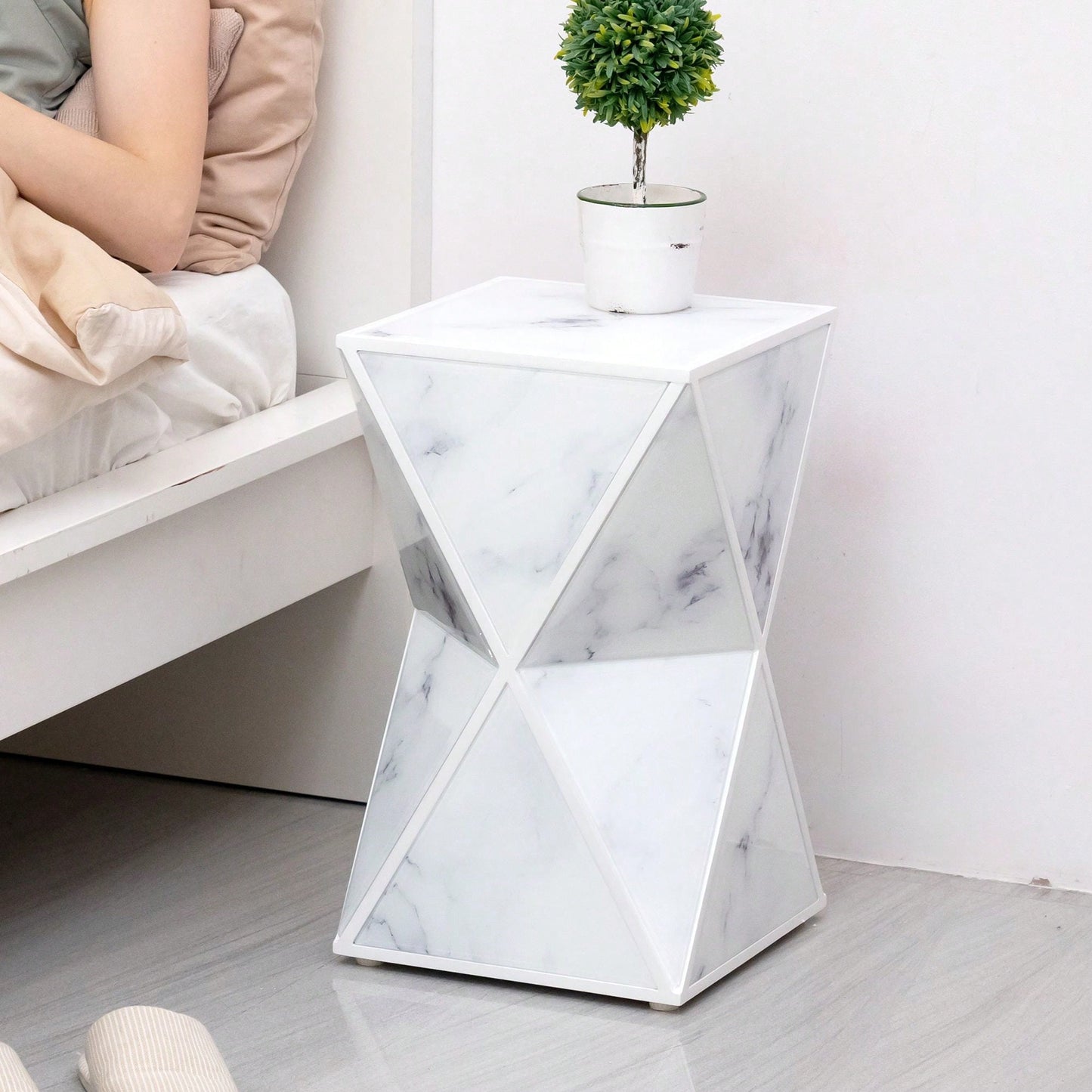 Glass End Table, Marble Table, White Table For Bedroom Living Room