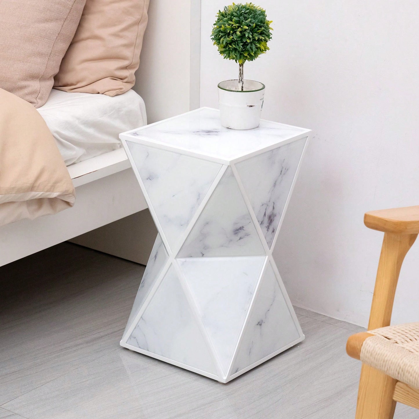 Glass End Table, Marble Table, White Table For Bedroom Living Room