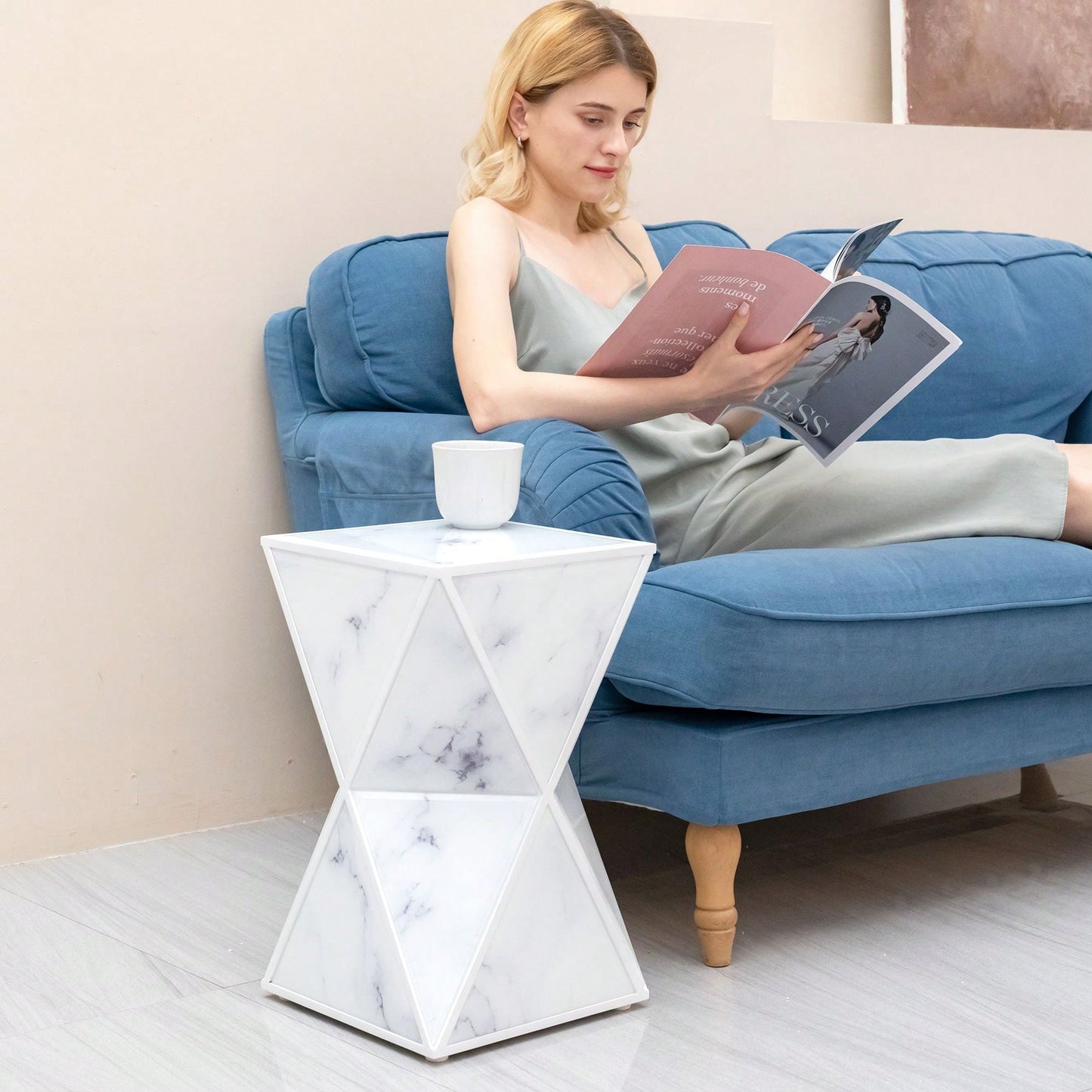 Glass End Table, Marble Table, White Table For Bedroom Living Room