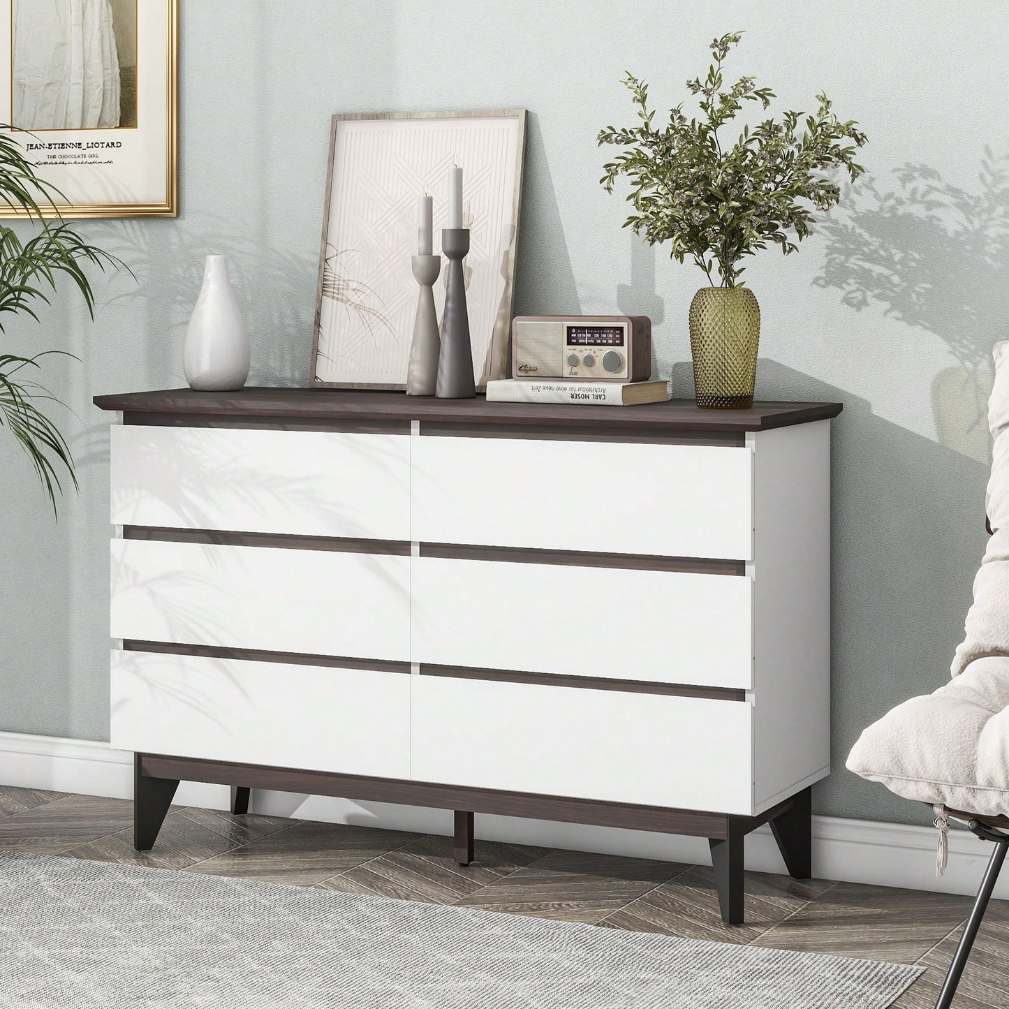 6-Drawer Double Dresser,Wide Drawers,White Dresser For Bedroom, Wood Storage Chest Of Drawers For Living Room Hallway Entryway