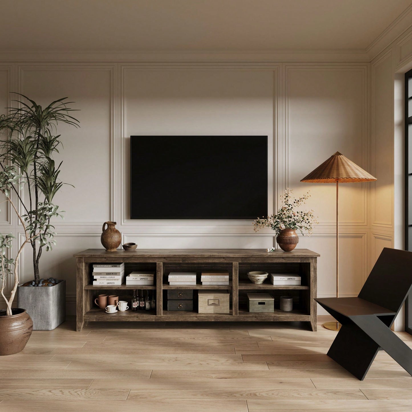 Brown TV Stand With 70-Inch Capacity, 3 Storage Cabinets, And Open Shelves For Living Room And Bedroom