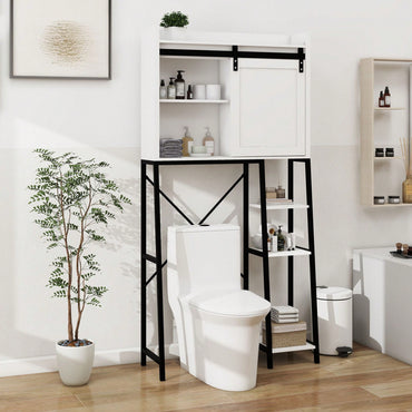 Over The Toilet Storage Cabinet, Bathroom Shelves Over Toilet With Sliding Barn Door,Adjustable Shelves And Side Storage Rack