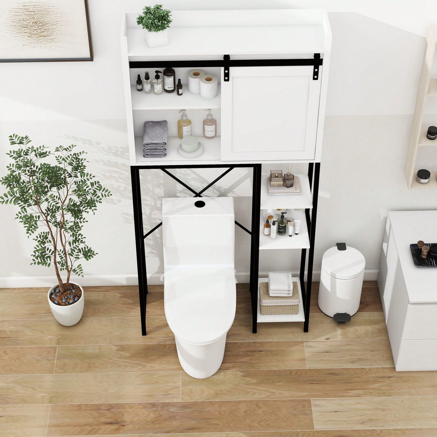 Over The Toilet Storage Cabinet, Bathroom Shelves Over Toilet With Sliding Barn Door,Adjustable Shelves And Side Storage Rack