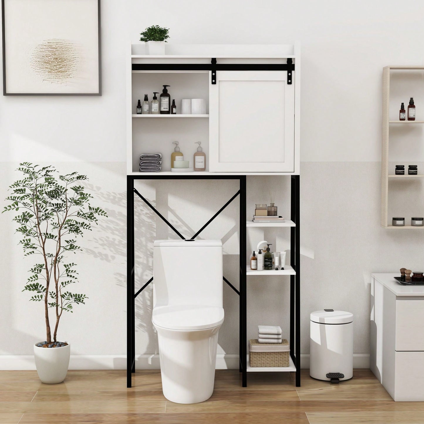 Over The Toilet Storage Cabinet, Bathroom Shelves Over Toilet With Sliding Barn Door,Adjustable Shelves And Side Storage Rack