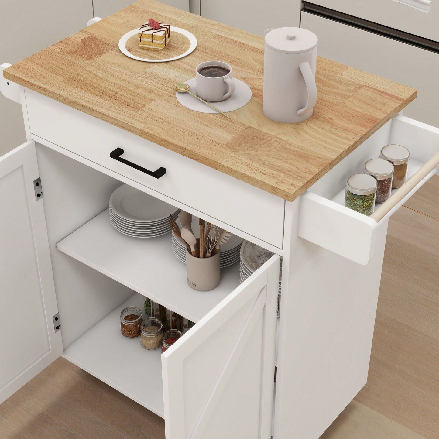 Functional And Stylish White Kitchen Island With Hidden Storage And Adjustable Cabinet Partition