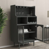 Living Room Grey Wine Cabinet With Removable Rack, Glass Doors, And Multiple Storage Options