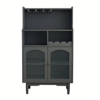 Living Room Grey Wine Cabinet With Removable Rack, Glass Doors, And Multiple Storage Options
