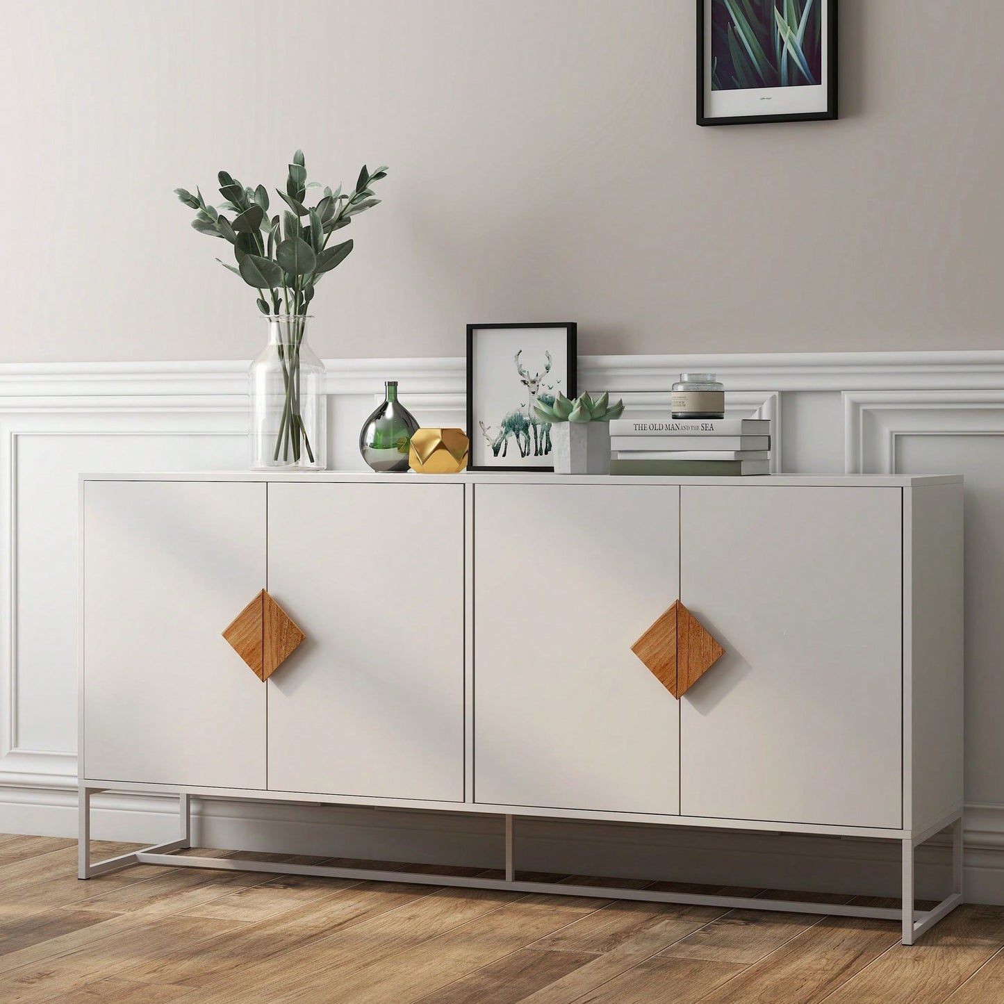 Solid Wood Special Shape Square Handle Design 4-Door Double Storage Sideboard: Versatile, Stable, And Durable