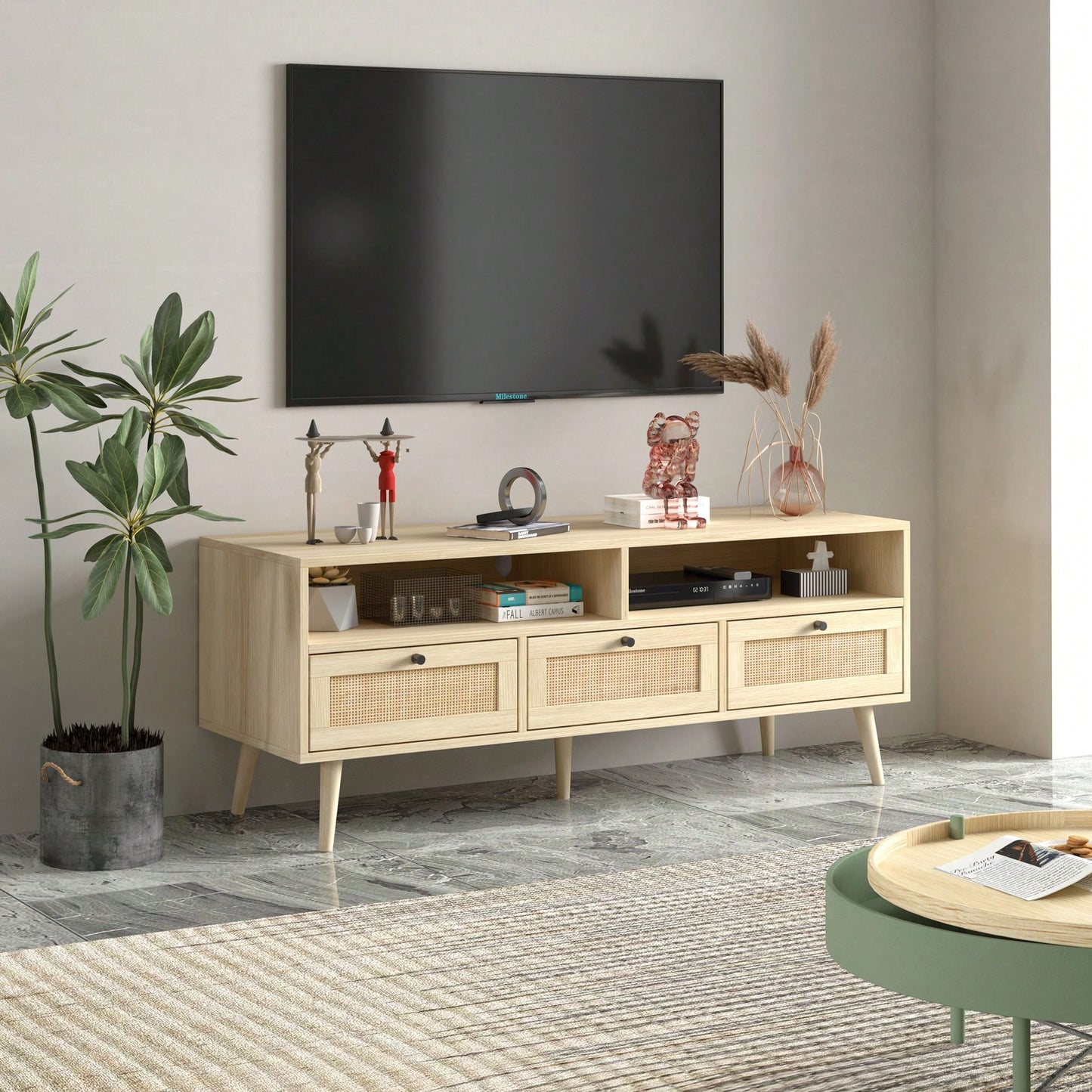 Natural Rattan TV Stand with Moisture Resistance and Cable Storage Holes for Organized Living Spaces