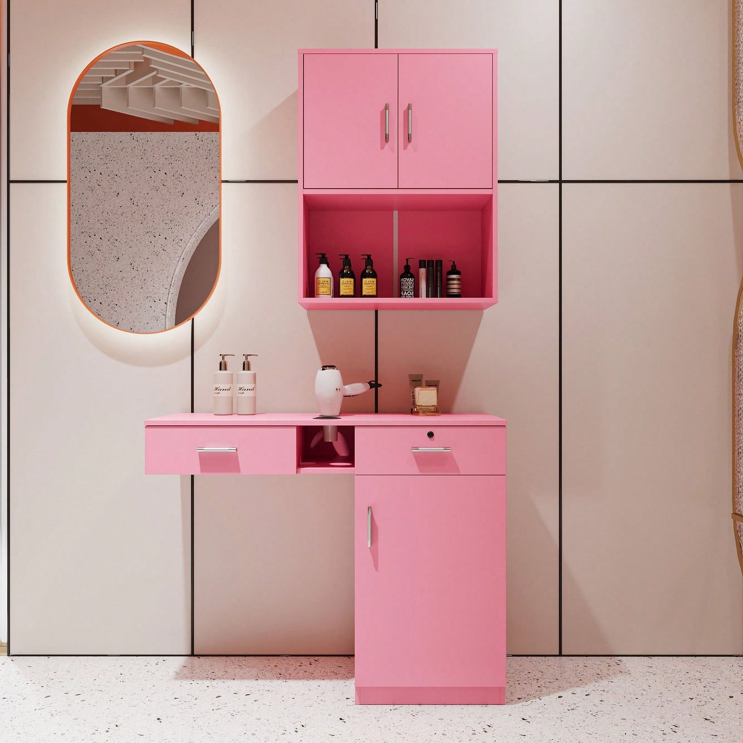 Multi-Functional Wooden Cabinet With Storage Drawers And Hair Dryer Holes
