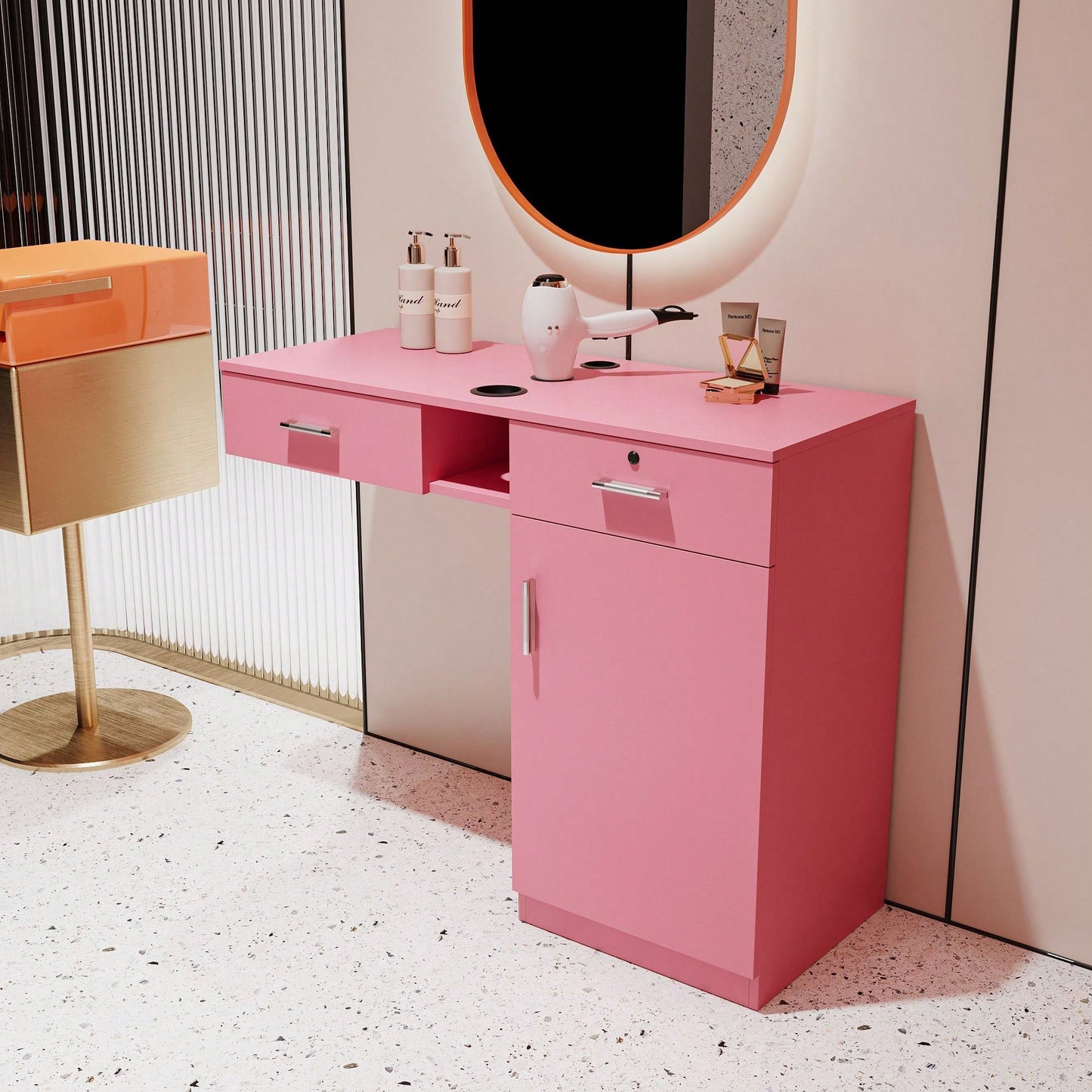 Multi-Functional Wooden Cabinet With Storage Drawers And Hair Dryer Holes