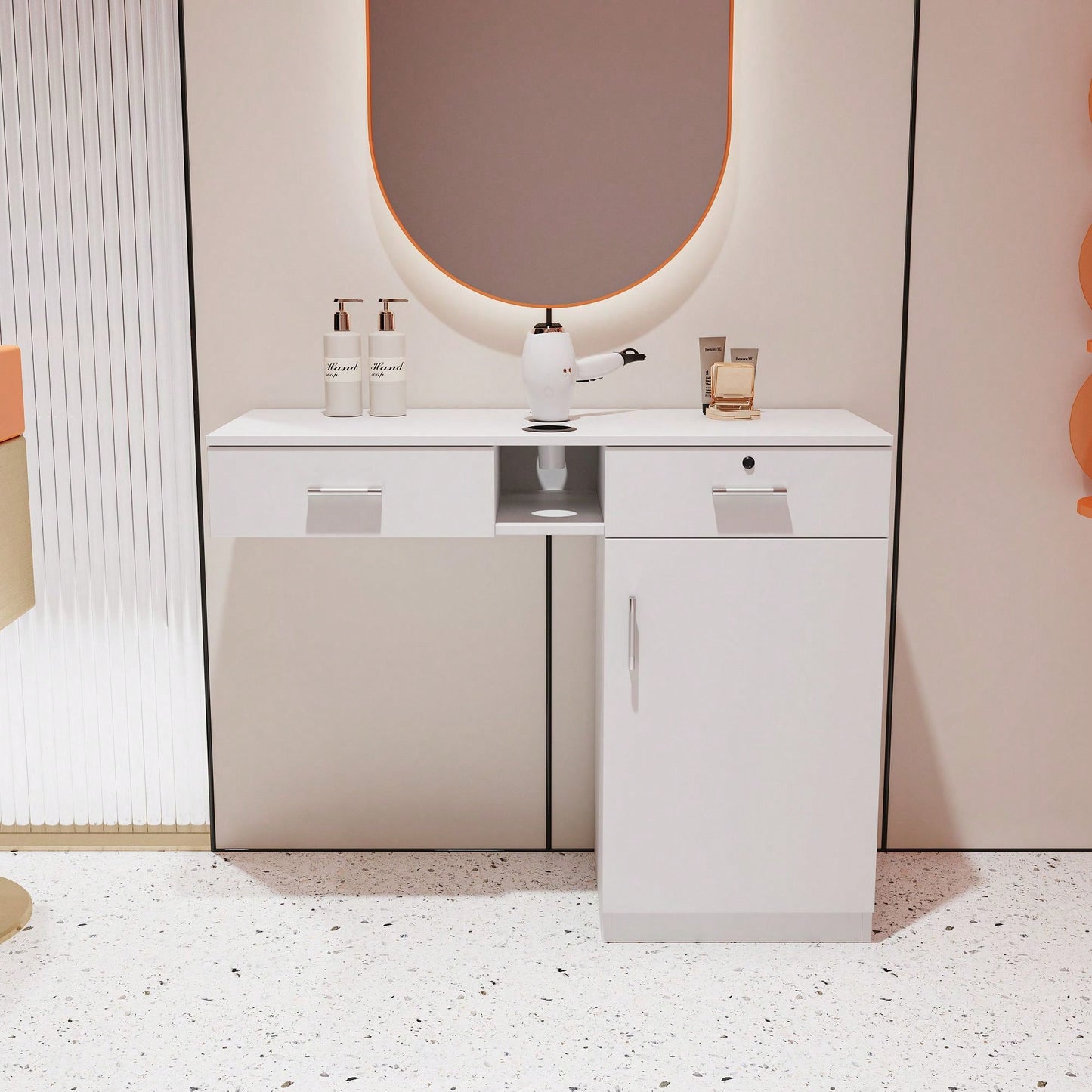 Multi-Functional Wooden Cabinet With Storage Drawers And Hair Dryer Holes