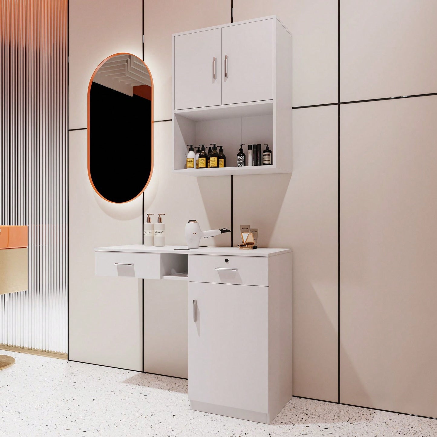 Multi-Functional Wooden Cabinet With Storage Drawers And Hair Dryer Holes