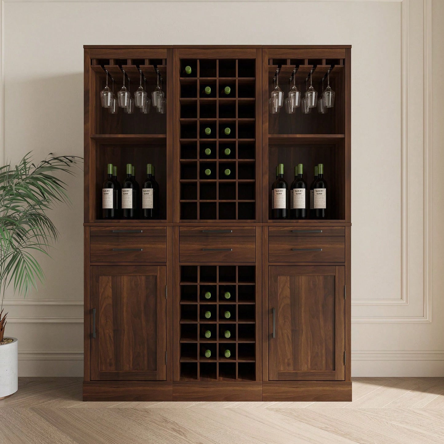 Modular Cabinet 28-Bottle Brown Walnut Color Modular 28  Wine Bar Cabinet Buffet Cabinet