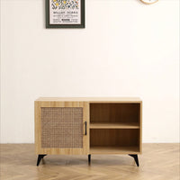 Shoe-Storage Cabinet With Natural Rattan Mesh Door And Solid Wooden Handle