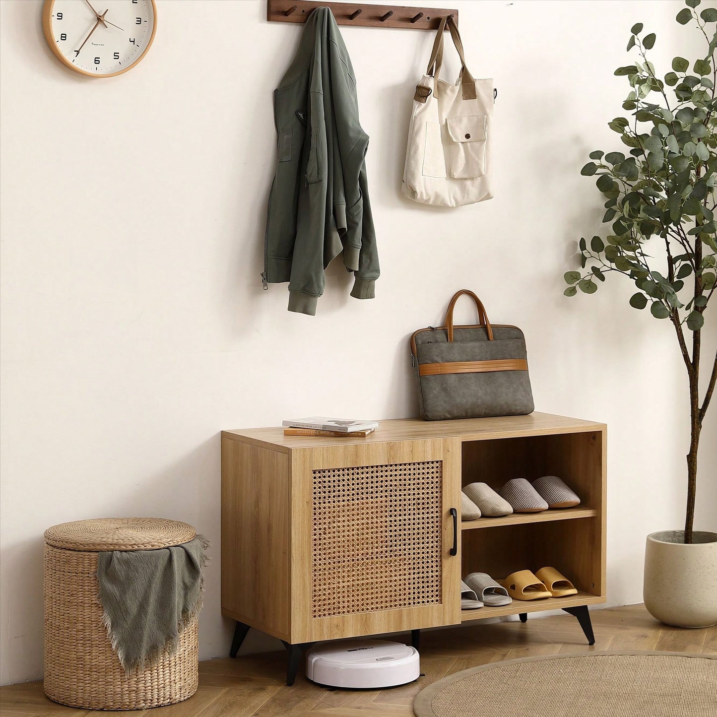 Shoe-Storage Cabinet With Natural Rattan Mesh Door And Solid Wooden Handle