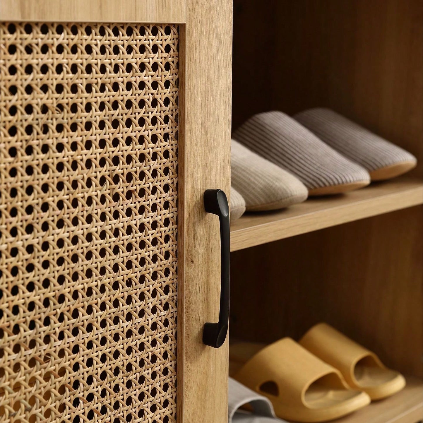 Shoe-Storage Cabinet With Natural Rattan Mesh Door And Solid Wooden Handle