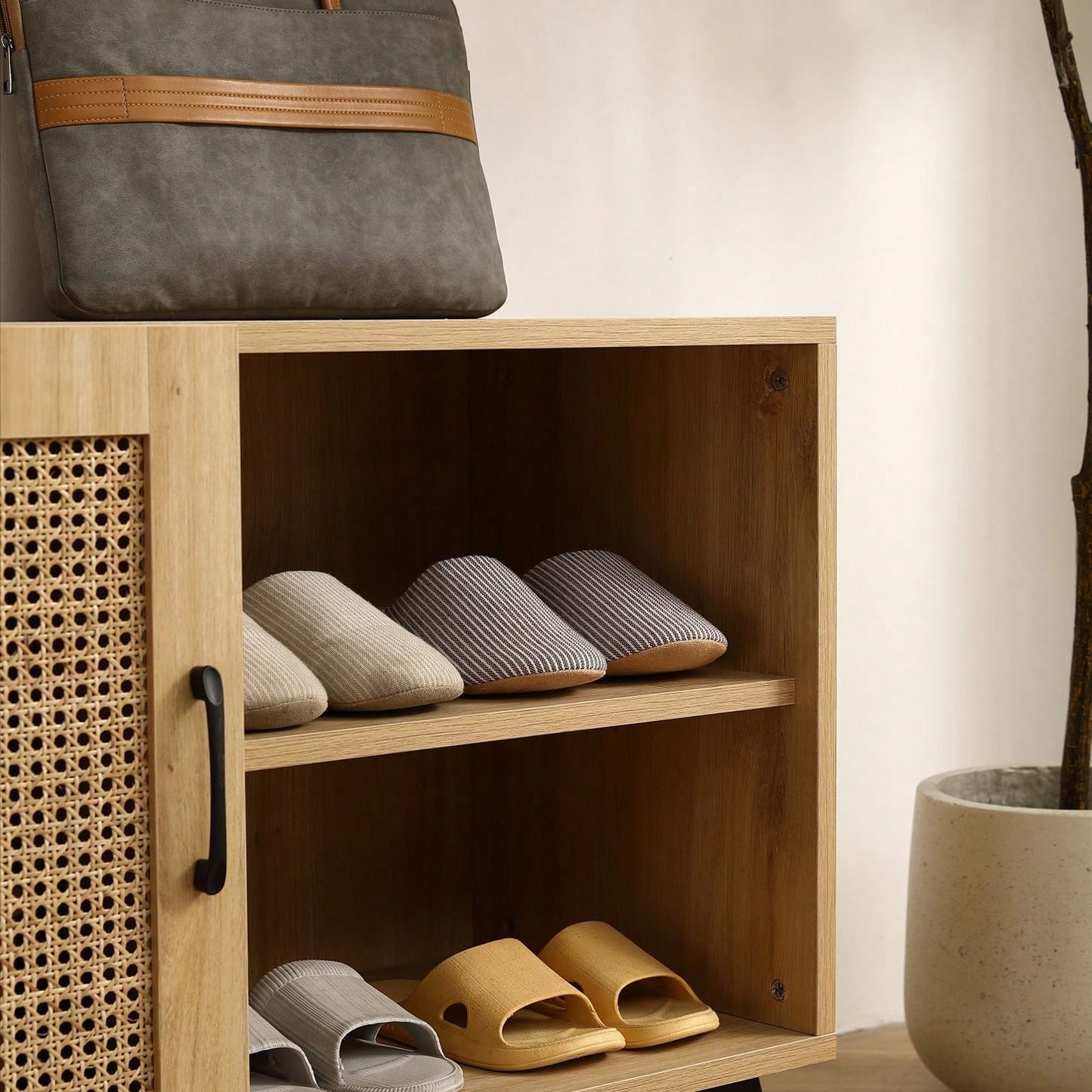 Shoe-Storage Cabinet With Natural Rattan Mesh Door And Solid Wooden Handle