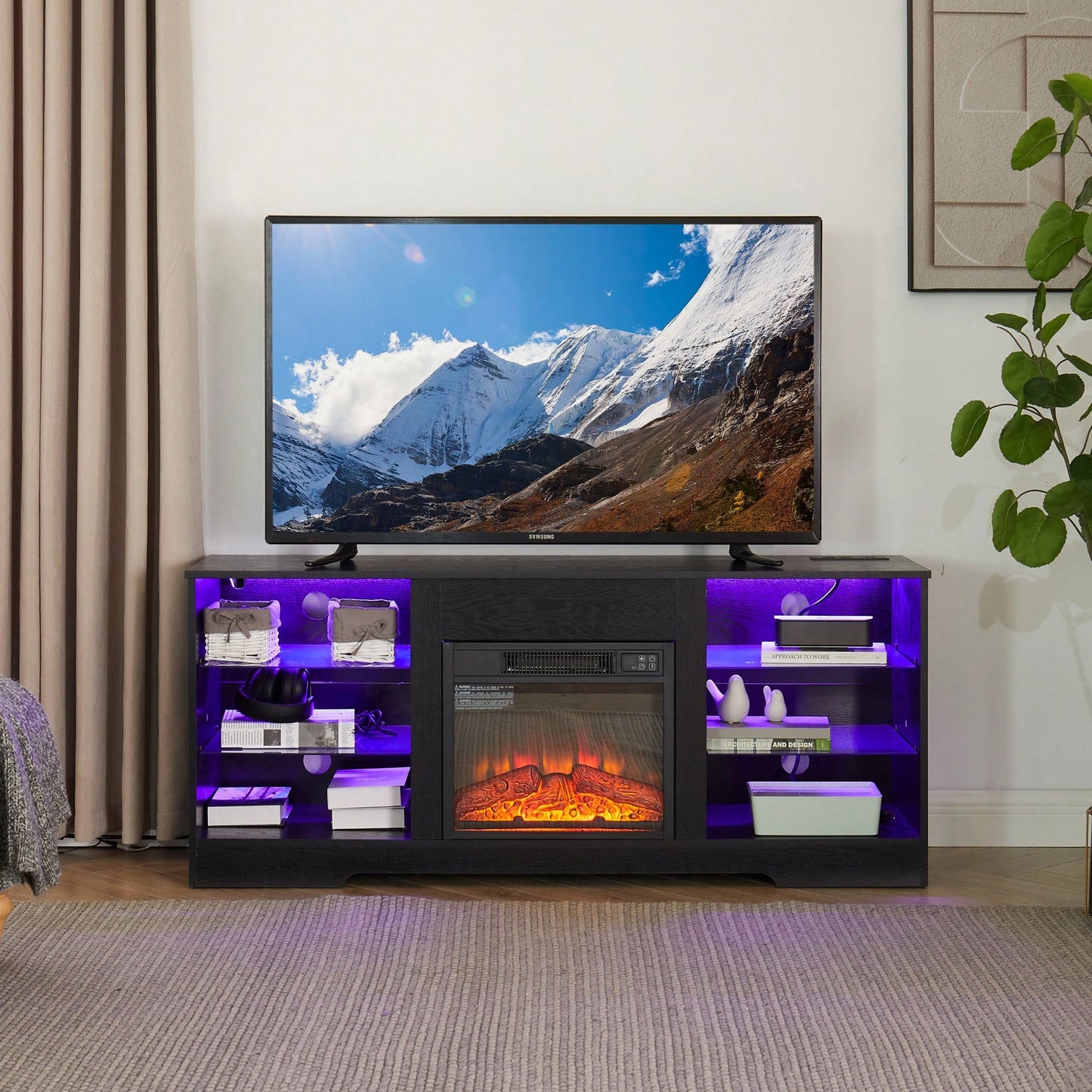 2-IN-1 Electric Fireplace TV Stand Multifunctional Indoor Decoration With Adjustable Flame, LED Lights, And Storage Space