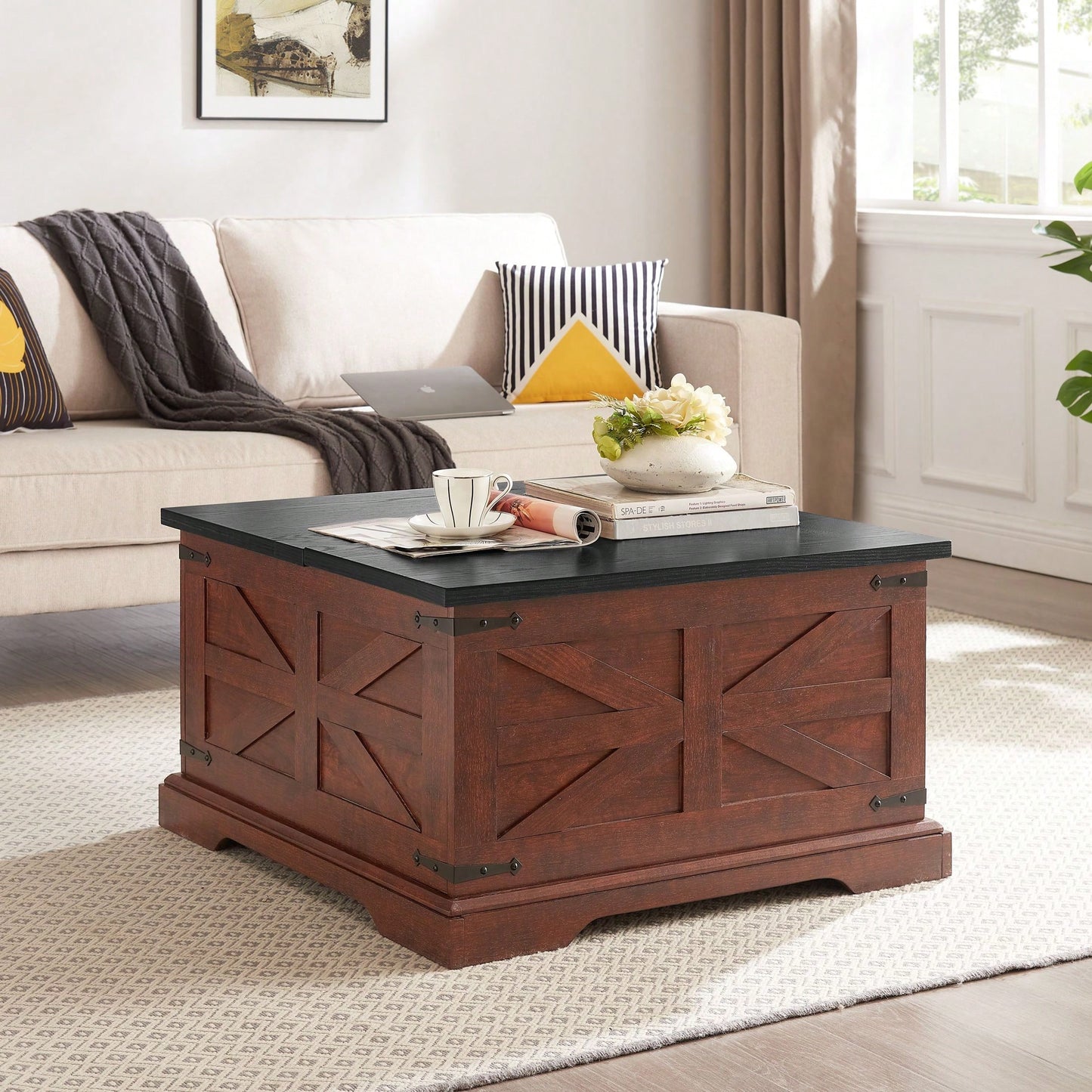 Rustic Square Wood Center Table with Hidden Storage and Lift Top for Living Room