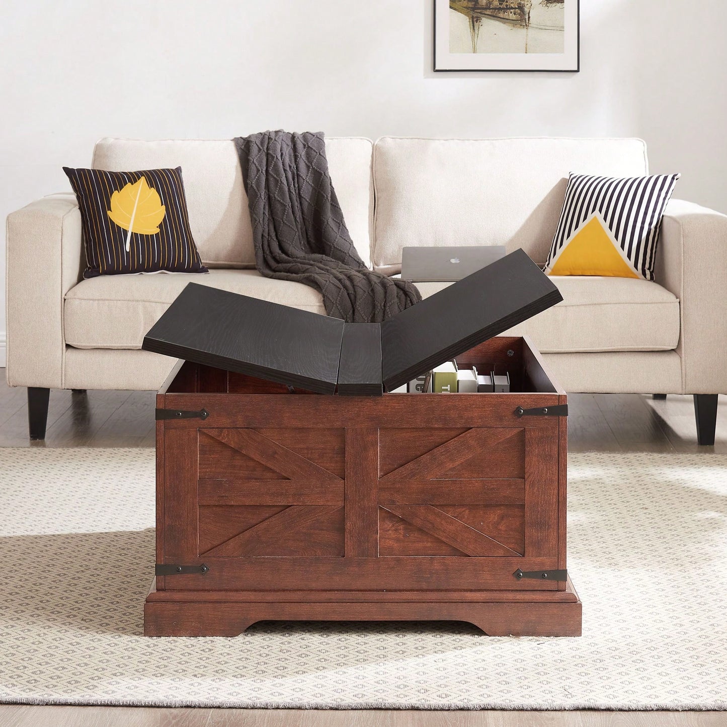 Rustic Square Wood Center Table with Hidden Storage and Lift Top for Living Room