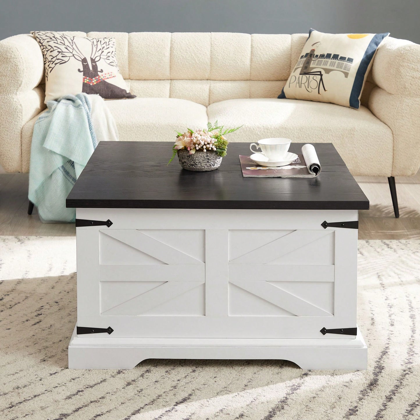 Rustic Square Wood Center Table with Hidden Storage and Lift Top for Living Room