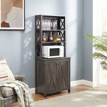 Charcoal Gray Coffee Bar Cabinet with Microwave Stand and Metal Frame Hollow Out Barn Design